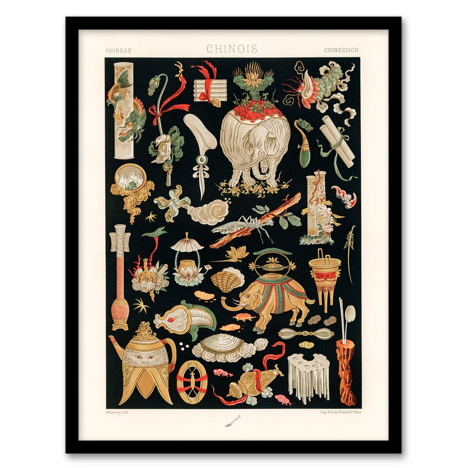 image 1 of Albert Racinet Framed Wall Art Print Chinese Ornamental Objects Home Décor
