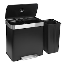 Harbour Housewares 60L Double Kitchen Pedal Bin - Matt Black - Stainless Steel Dual Compartment Soft Close Waste Bin with Removable Inners (2 x 30L)