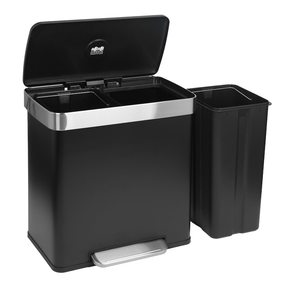 image 1 of Harbour Housewares 60L Double Kitchen Pedal Bin - Matt Black - Stainless Steel Dual Compartment Soft Close Waste Bin with Removable Inners (2 x 30L)