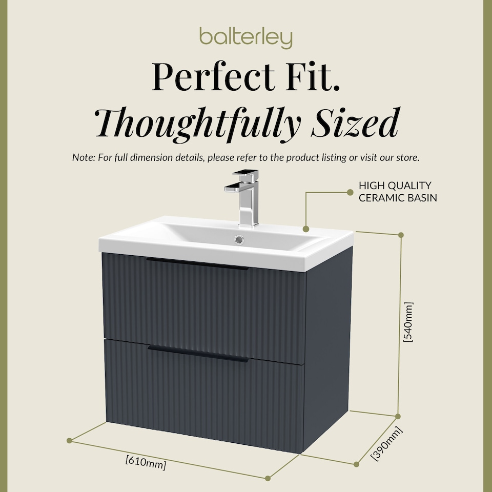 image 1 of Balterley Fluted Front Wall Hung 2-Drawer Bathroom Vanity Unit with 1 Tap Hole Basin, Handles | Grey | Soft Black