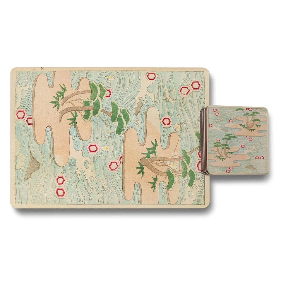 image 1 of Set of 12 Placemats and Coasters 11x8 Placemats 3.7x3.7 Coasters Wood Bottom