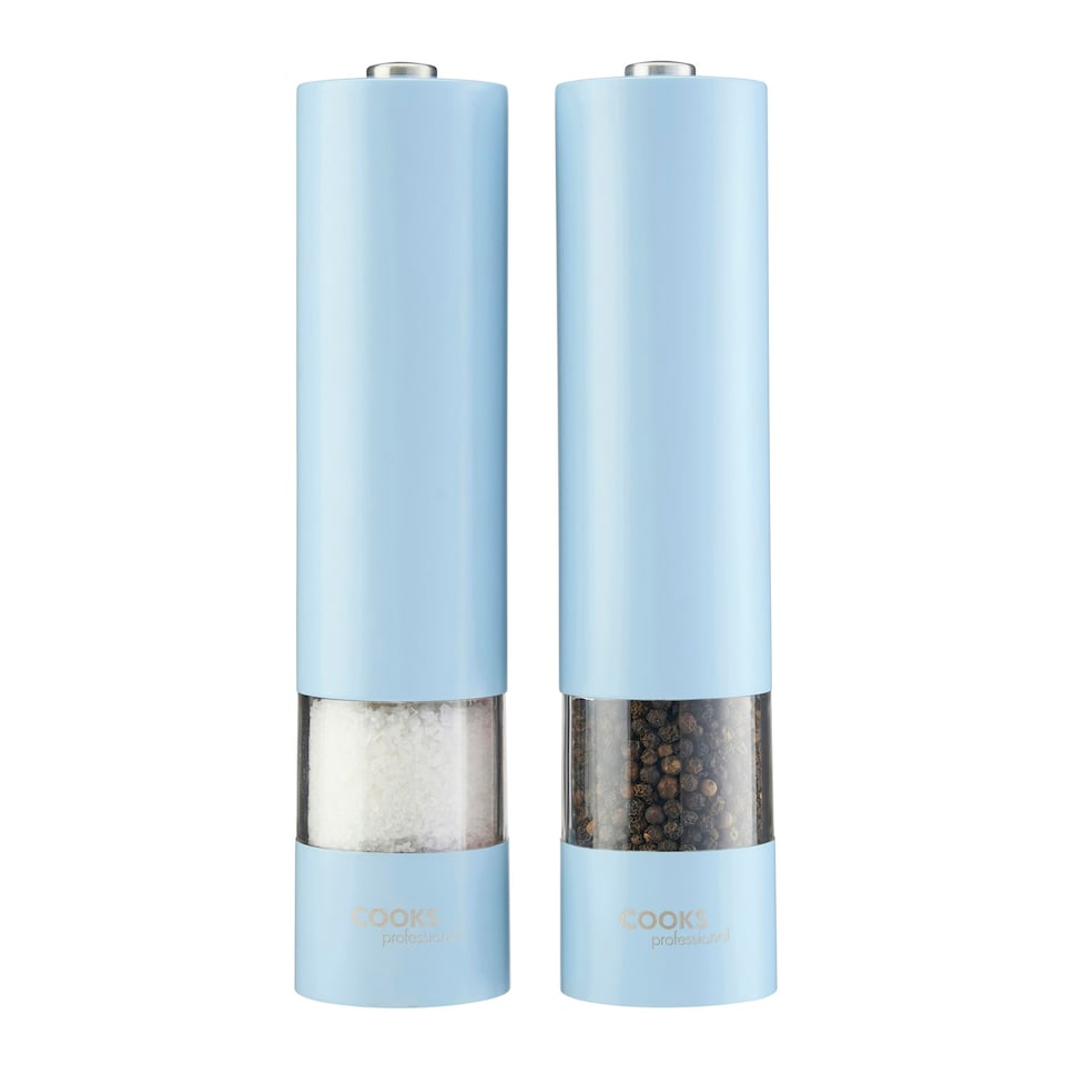 image 1 of Cooks Professional Electric Salt & Pepper Mill Set | Adjustable Grind Settings | Simple One-Button Operation | Blue