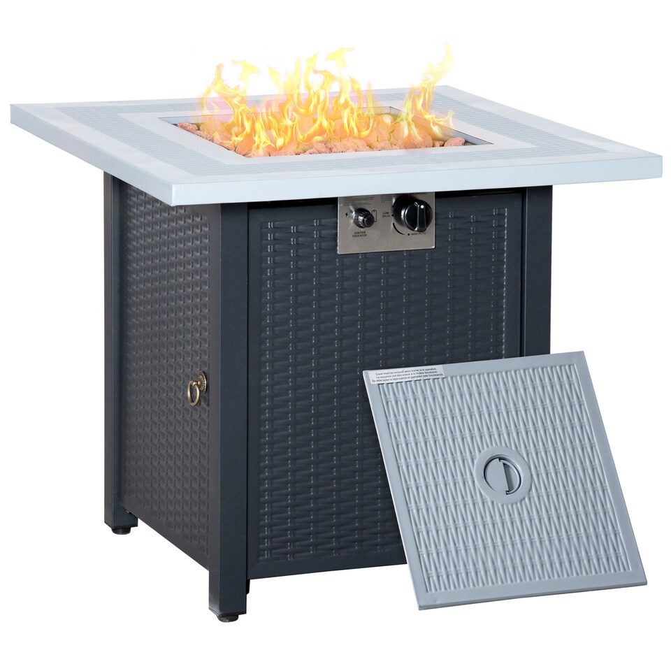 image 1 of Outsunny Square Propane Gas Fire Pit Table, 40000 BTU Rattan Smokeless Firepit Patio Heater with Lava Rocks and Lid, 71cm x 71cm x 62cm, Black