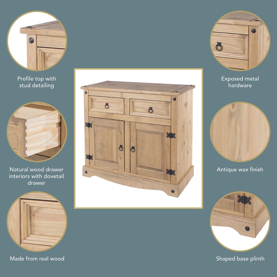 image 1 of Corona Small Sideboard in Antique Waxed Pine - 2 Drawers and 2 Doors with Adjustable Shelf | Brown | Brown | One Size | 1