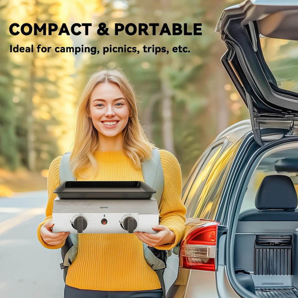 image 1 of Outsunny Gas Grill, Gas BBQ with Non-Stick Griddle for Camping, Silver Tone