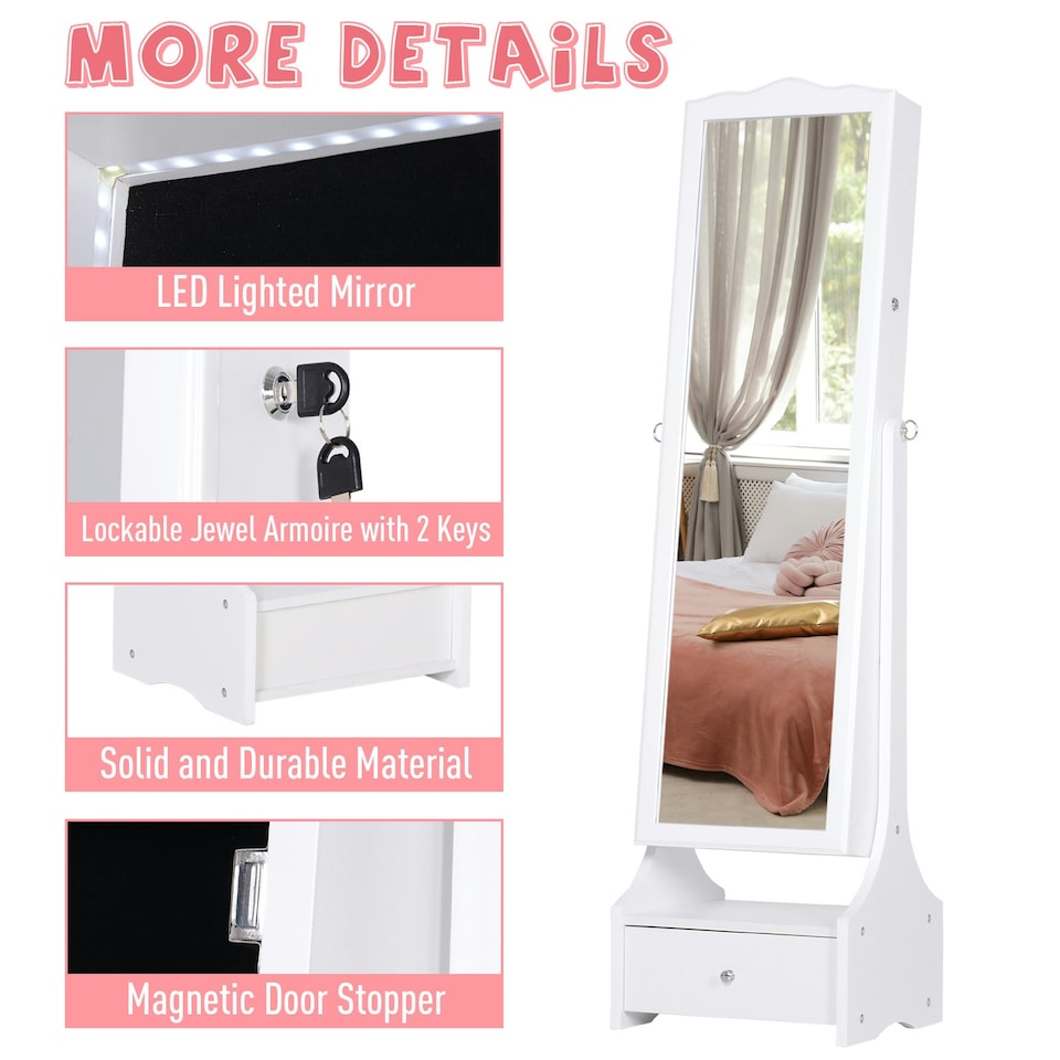 image 1 of HOMCOM Mirrored Jewelry Cabinet Armoire Floor Standing w/ Lock, LED Light White