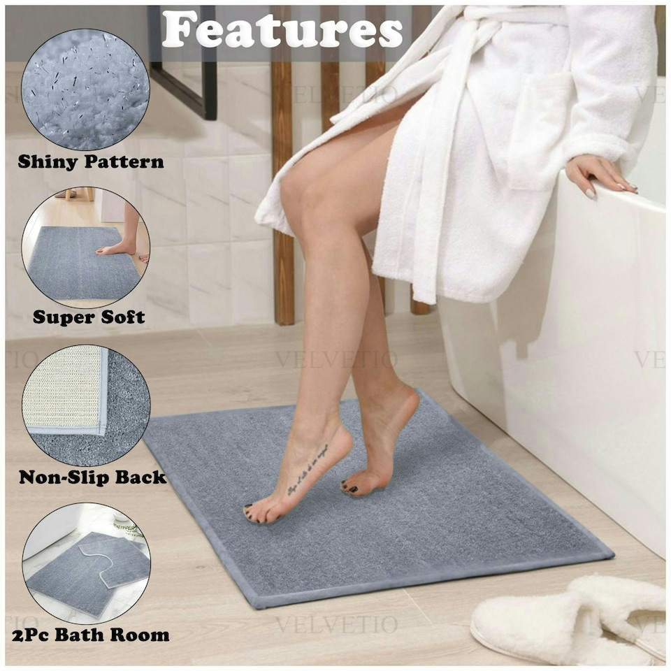 image 1 of VELVETIO Shiny Sparkling Bath Set Anti Slip Pedestal Mat Bathroom Rugs Silver