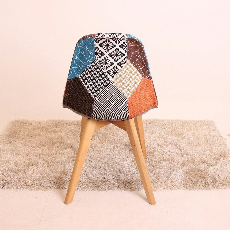 image 1 of Single Patchwork Multi Colors Fabric Dining Chair with Wooden Legs, Mid-Century Modern Accent Chair Multi