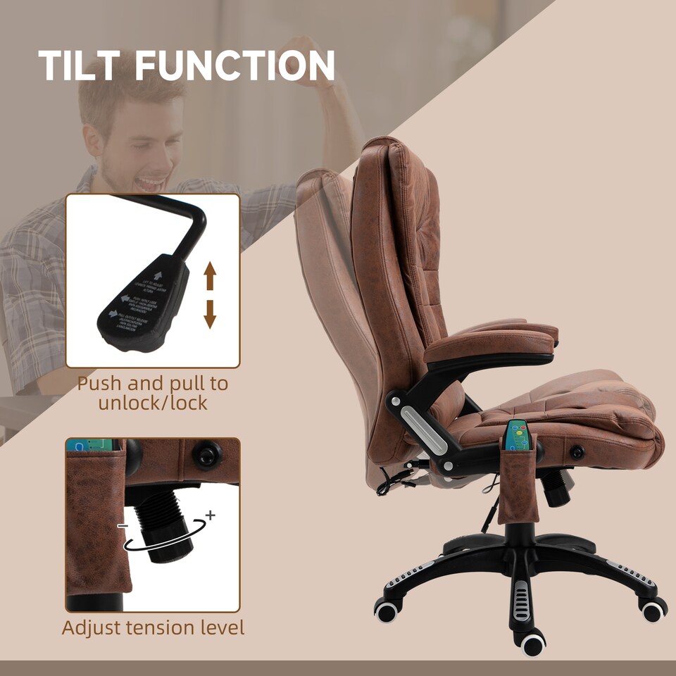 image 1 of Vinsetto Office Chair, Ergonomic Desk Chair with 6-Point Massage and Back Heated, Microfiber Cloth Computer Gaming Chair with Arms, Lumbar Support, Brown