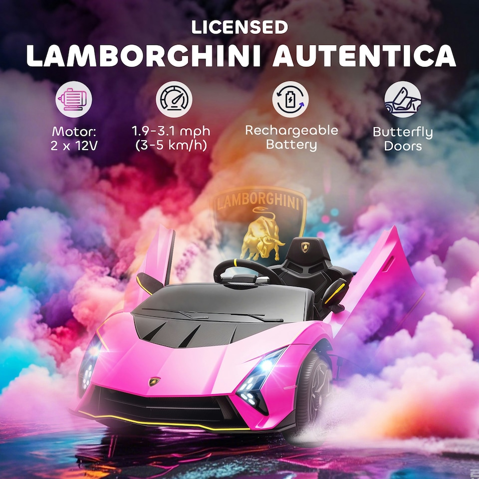image 1 of AIYAPLAY 12V Lamborghini Autentica Licensed Ride on Car, Pink