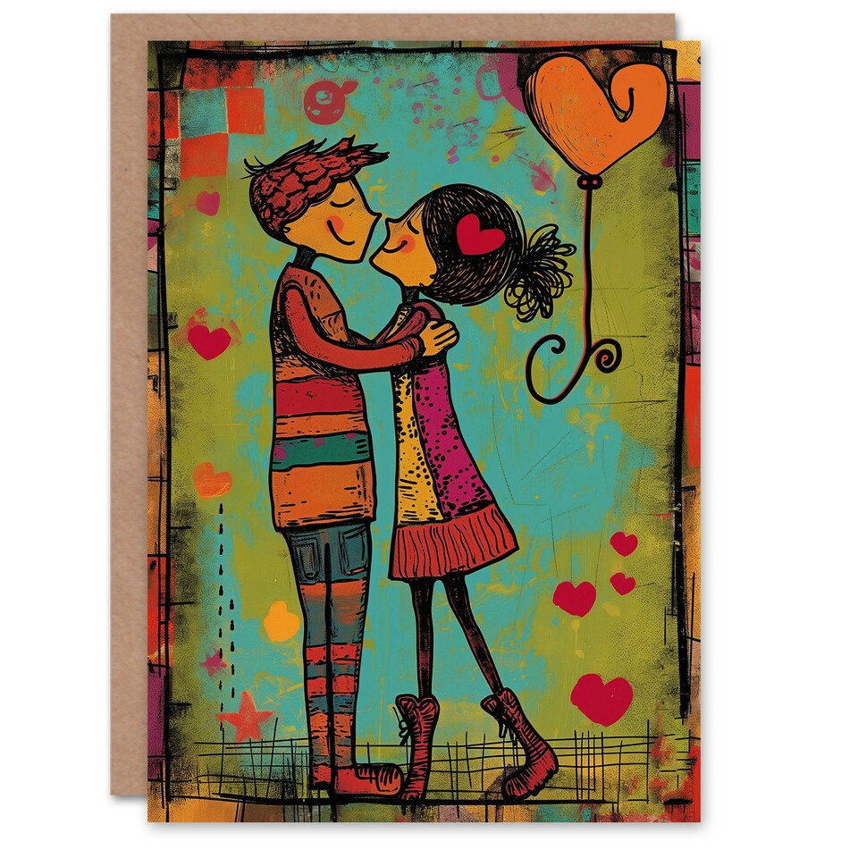 image 1 of Young Couple Dance Kiss Illustration Anniversary Valentines Day Card