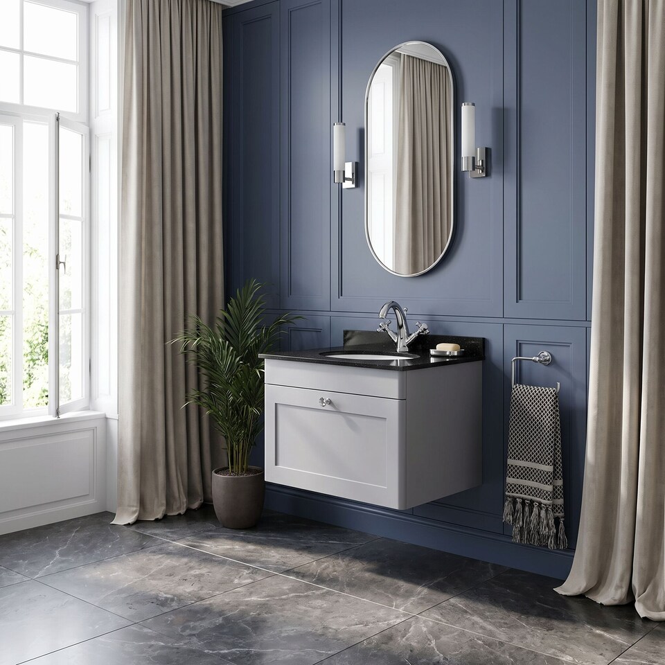 image 1 of Balterley Swynnerton Traditional 1 Drawer Wall Hung Vanity Unit with Marble Basin, Satin Grey, 600mm