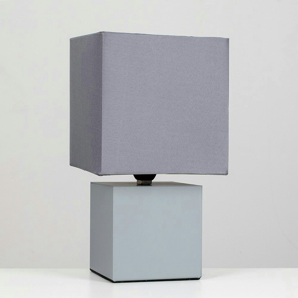 image 1 of ValueLights Cubbie 2 x Grey Cube Design Touch Dimmer Bedside Table Lamps with Grey Shades and 5w Dimmable LED Candle Bulb