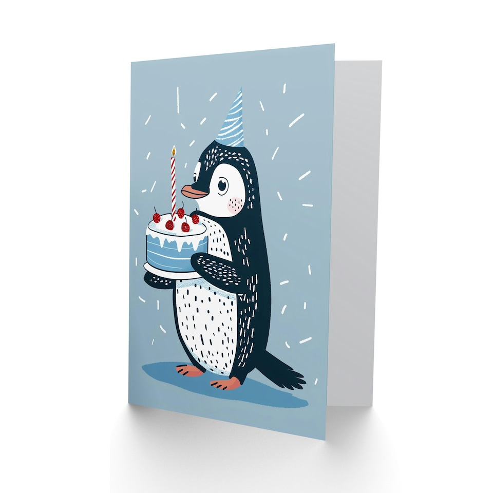 image 1 of Cute Kids Cake Party Hat Girl Boy Penguin Daughter Son Birthday Card