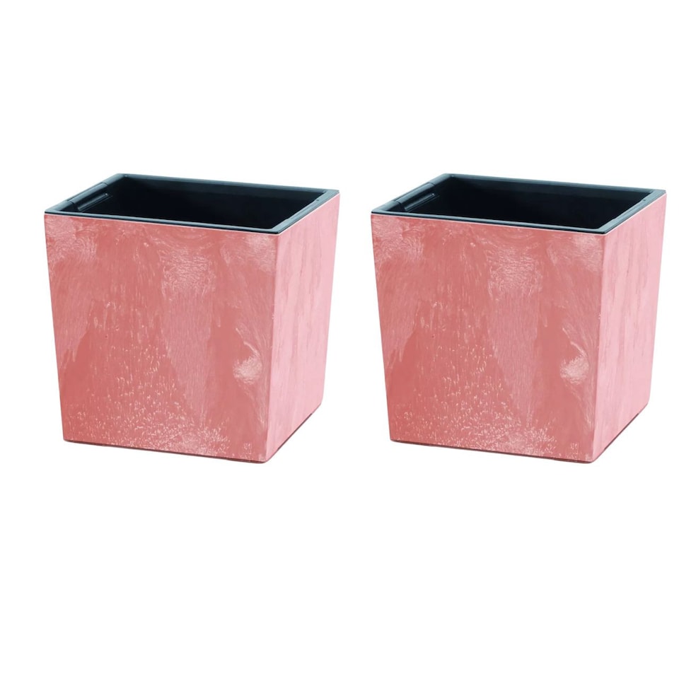 image 1 of 300mm Low Square Concrete Effect Plant Pot - 29.5x29x29 cm | Orange | Terracotta & Set of 2 | 2