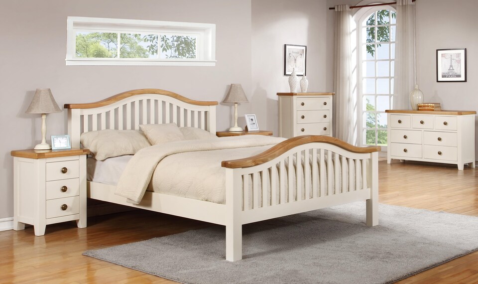 image 1 of 5ft King Size Real oak and Cream,Chunky, Curved, Solid,strong,wood bed frame.High foot end wooden bedstead | Cream | Real Oak & Cream | King