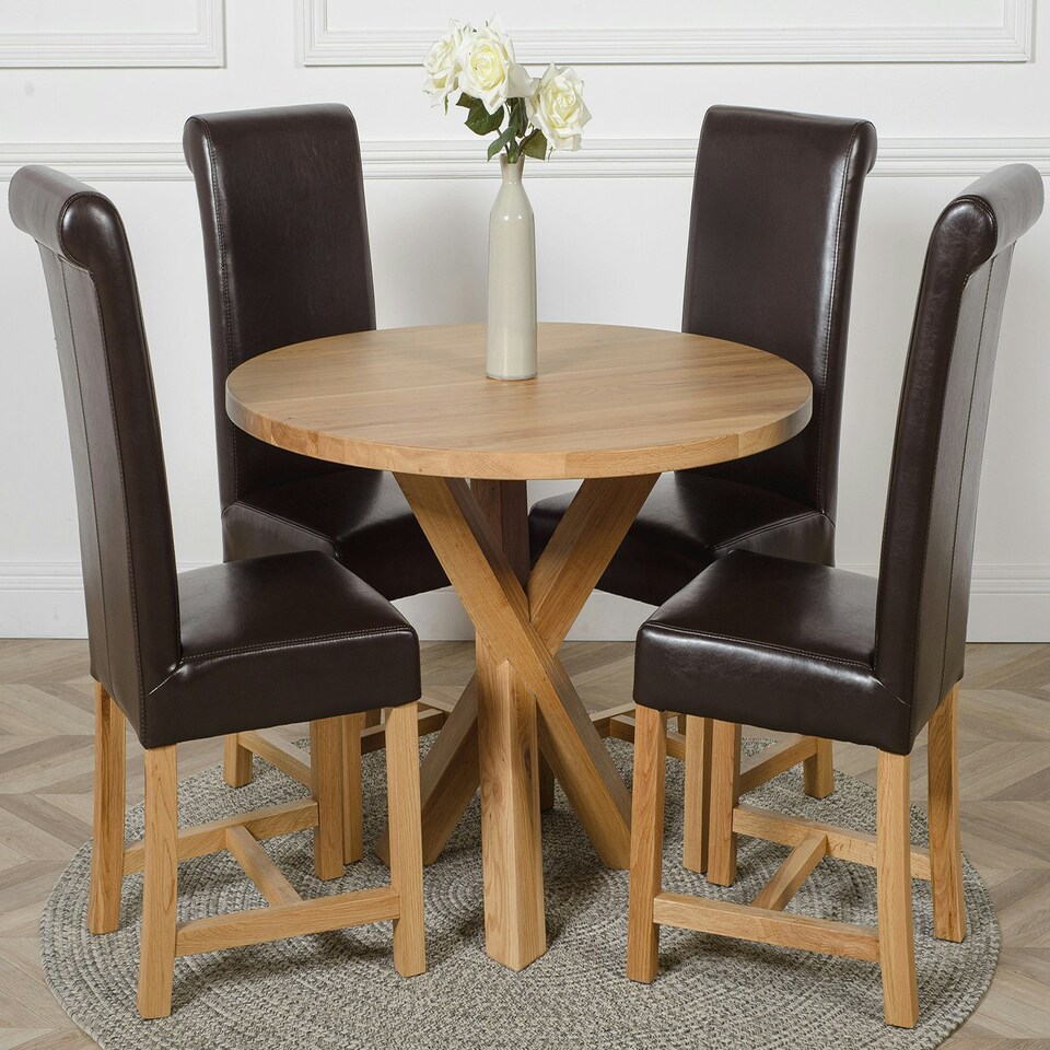 image 1 of Oregon Round Oak Dining Table with Washington Leather Chairs Brown