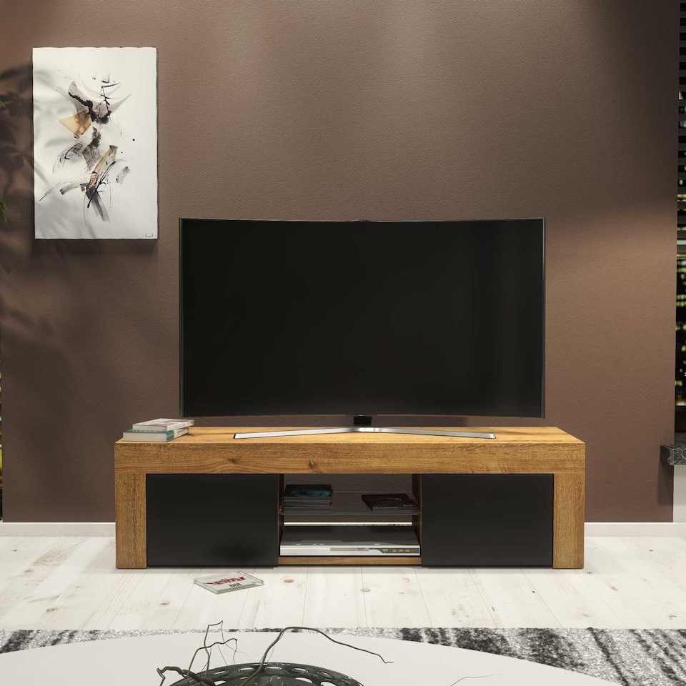 image 1 of TV Unit TV Stand Oak Black Media Console Sideboard Storage Cabinet 130cm