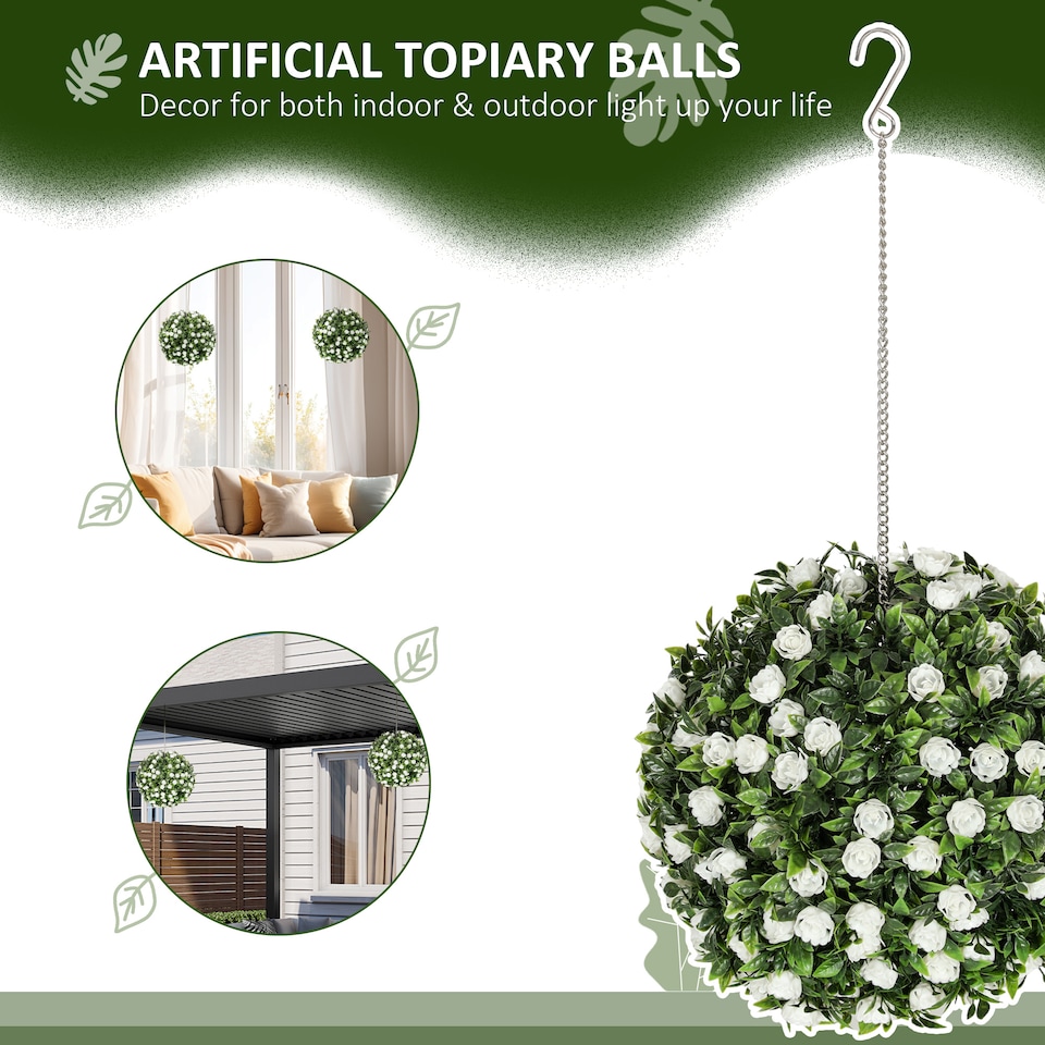 image 1 of HOMCOM Set of 2 Decorative Artificial Plants, UV-protected Artificial Plant Topiary Rose Balls, Fake Plants for Home Indoor outdoor Decor, 28cm, White