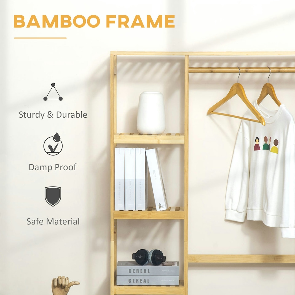 image 1 of HOMCOM Bamboo Coat Rack w/ Hooks Hanging Rail and Storage Shelf for Entryway