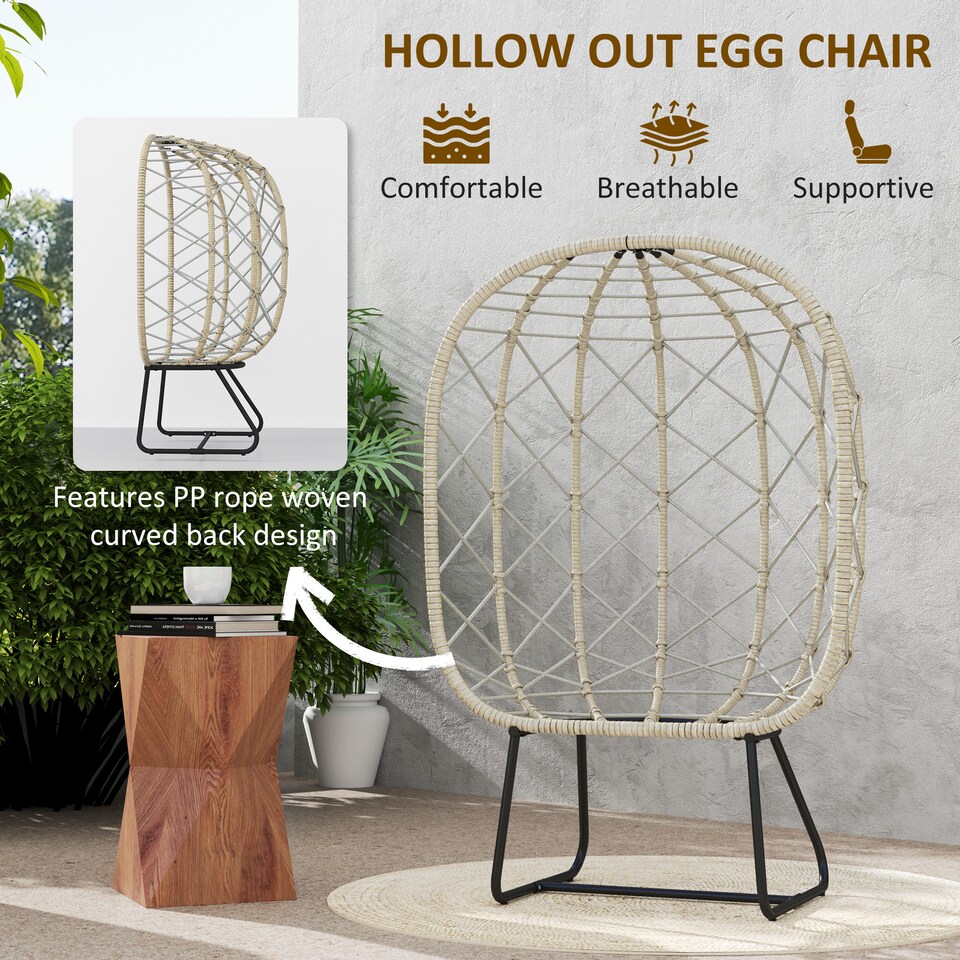 image 1 of Outsunny Rattan Egg Chair Outdoor Indoor Wicker Chair with Thickened Cushion and Headrest, Standing Garden Egg Chair with Cup Holder, Metal Frame for Patio, Balcony, Grey | Grey