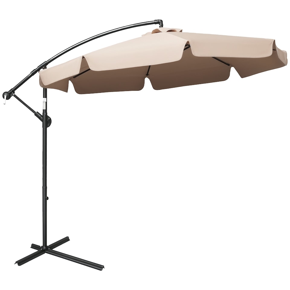 image 1 of Outsunny 2.7m Garden Banana Parasol Cantilever Umbrella with Crank Handle and Cross Base for Outdoor, Hanging Sun Shade, Light Brown