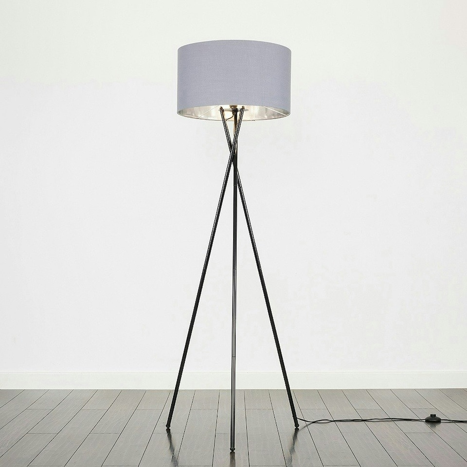 image 1 of ValueLights Camden Black Tripod Floor Lamp Grey & Silver Shade & Bulb Silver