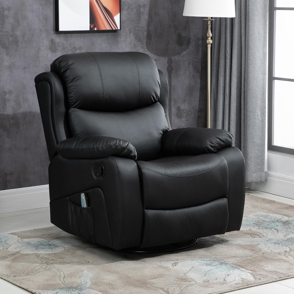 image 1 of HOMCOM PU Leather Massage Recliner Chair with 8 Points and Heat, Manual Reclining Chair with Swivel Base, Footrest and Remote, Rocking Armchair, Black