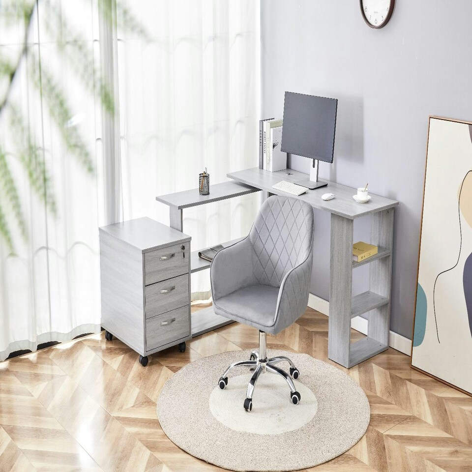 image 1 of Grey Office Desk L-shaped with Grey Velvet Upholstered Chair and Storage Drawers Grey