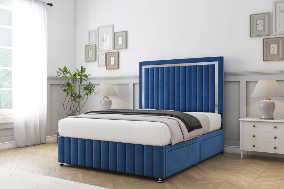 image 1 of Sloomy Boston Chrome Navy Plush Divan Bed Base 2 Drawers Left Side With 54 Inch Floor Standing Headboard & 12 Inch Matching Footboard | Blue | Navy | Super King | 1