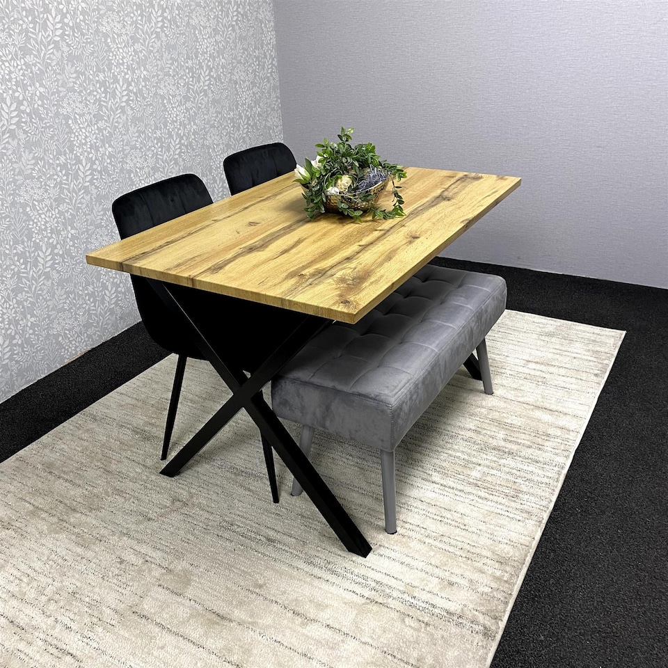 image 1 of Modern Dining Table Set with Padded Bench and 2 Black Velvet Chairs, Stylish Kitchen or Dining Room Furniture