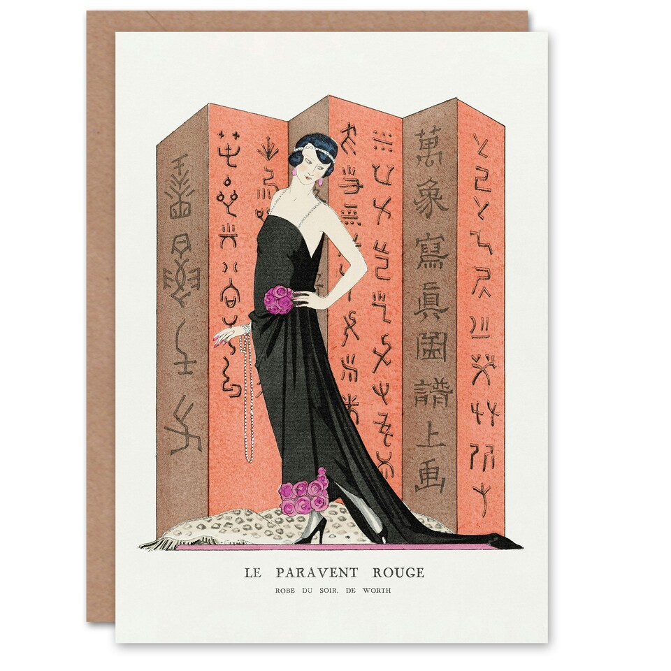 image 1 of George Barbier Art Card The Red Paravan Vintage Fashion Advert