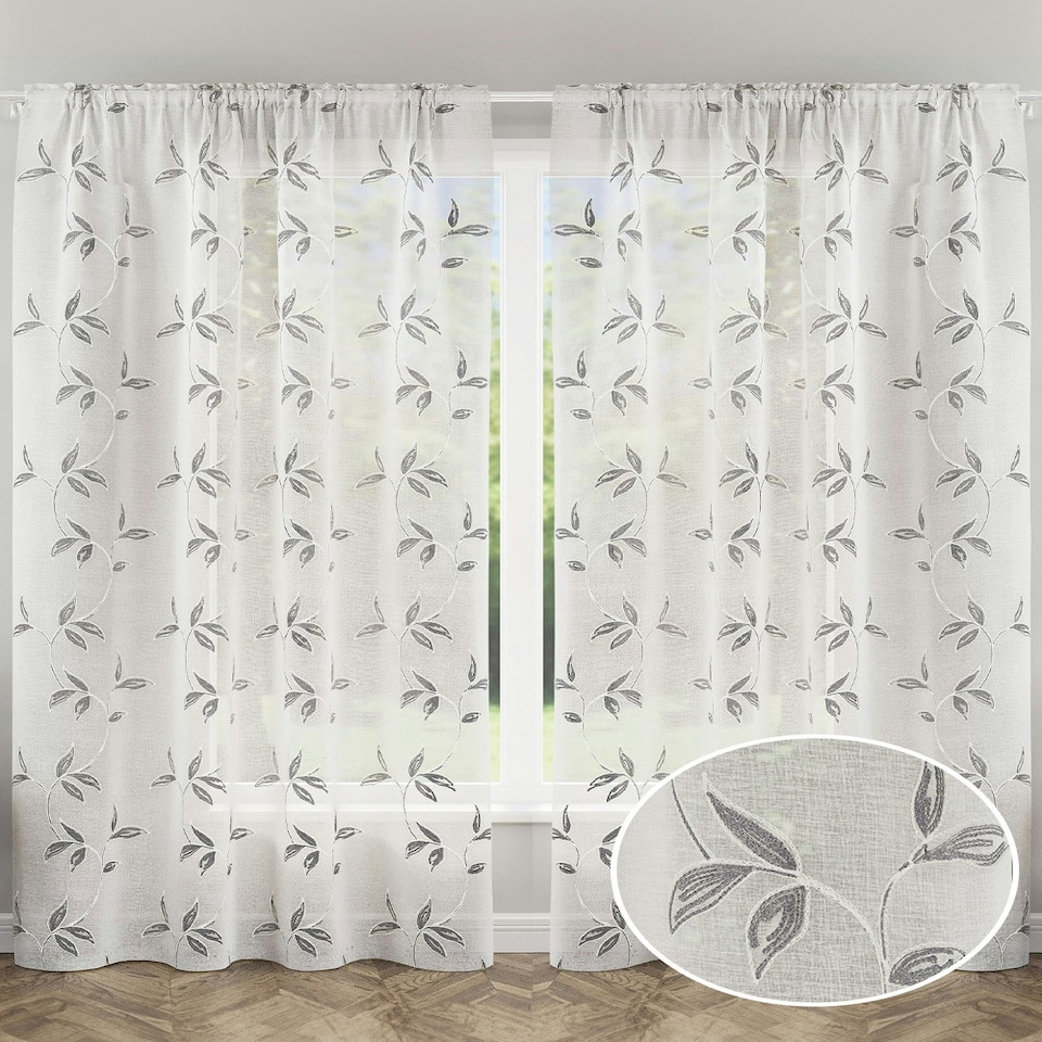 image 1 of Pair of Oasis Grey Embroidered Leaf Pattern Voile Panels 229 cm (90 inch) Rod Pocket Panels for Bedroom and Living Room