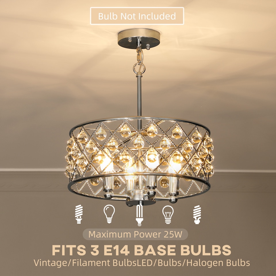 image 1 of HOMCOM Crystal Chandelier with Adjustable Height, 4-Light Modern Flush Mount Ceiling Light, Hanging Chandelier with E14 Base for Living Room, Bedroom, Dining Room, Bulb Not Included, Silver Tone | Silver