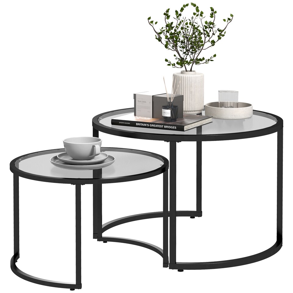 image 1 of HOMCOM Coffee Table Set of 2, Modern Nest of Tables with Tempered Glass Top, Steel Frame for Living Room, Black | Black