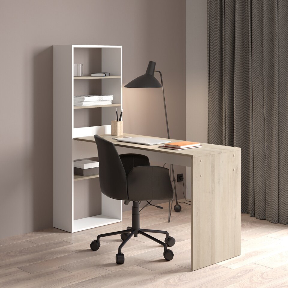 image 1 of FURNICOMP Echo Corner Office Desk with Bookcase - Matt White & Oak