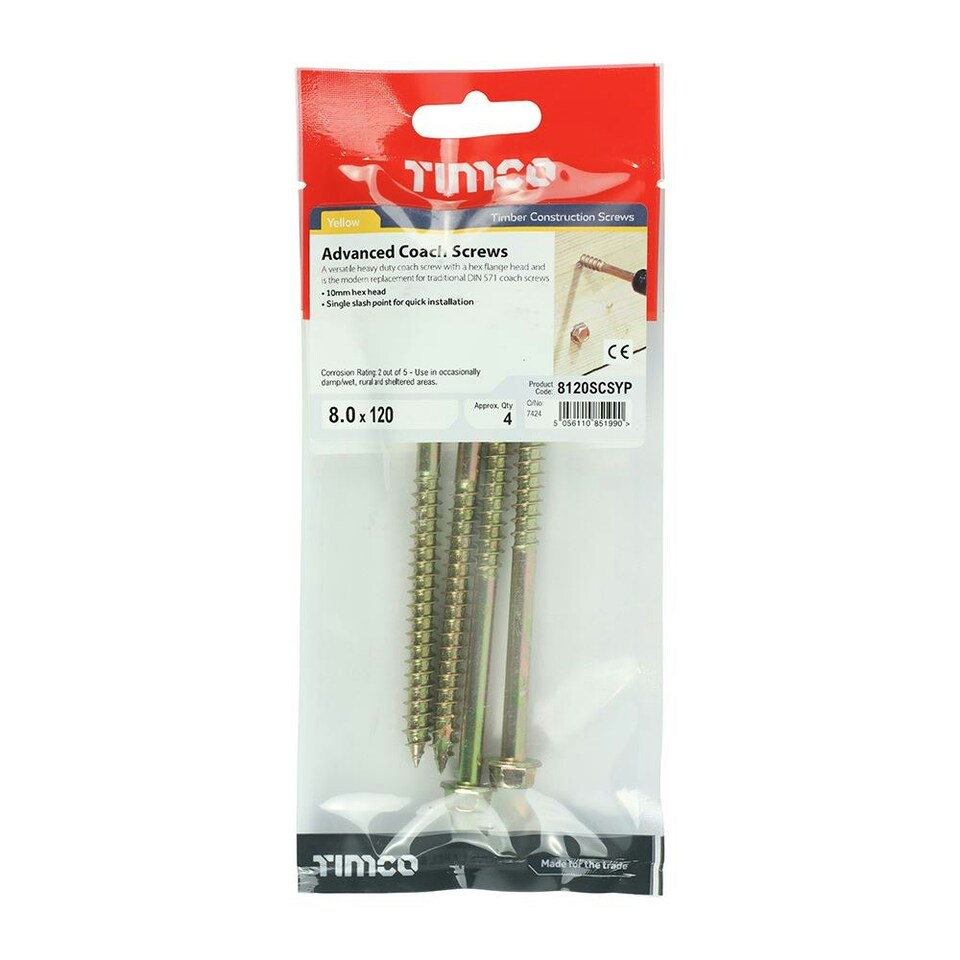 image 1 of Timco - Solo Coach Screws - Hex Flange - Yellow (Size 8.0 x 120 - 4 Pieces)