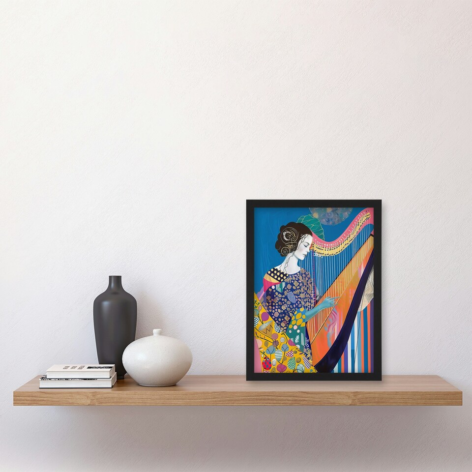 image 1 of Harpist Playing Harp Music Colourful Batik Black Framed Wall Art Print A4