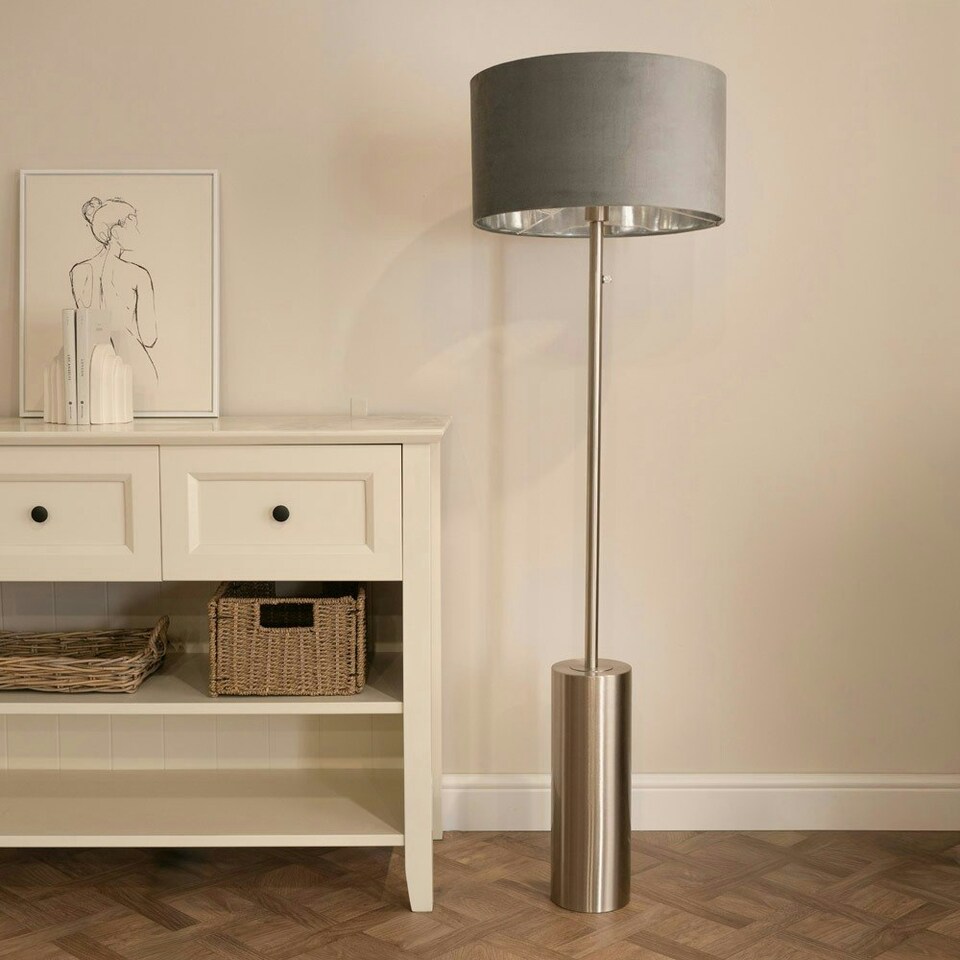 image 1 of ValueLights Lexy Chrome Dimmable Floor Lamp with Grey Velvet with Chrome Inner Lamp Shade and LED Bulb