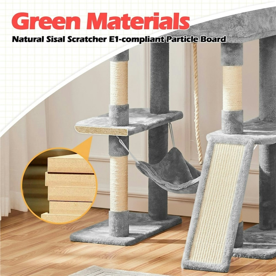 image 1 of Yaheetech 209 cm Large Cat Tower with 2 Cozy Condos Light Grey