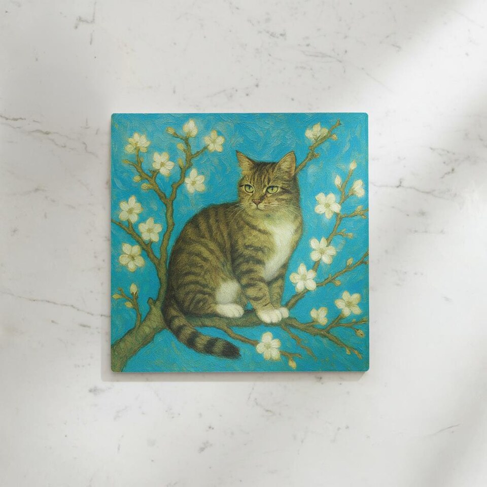 image 1 of Van Gogh Almond Blossoms Cat Glass Hot Pot Stand - Heat Resistant Non-Slip Trivet