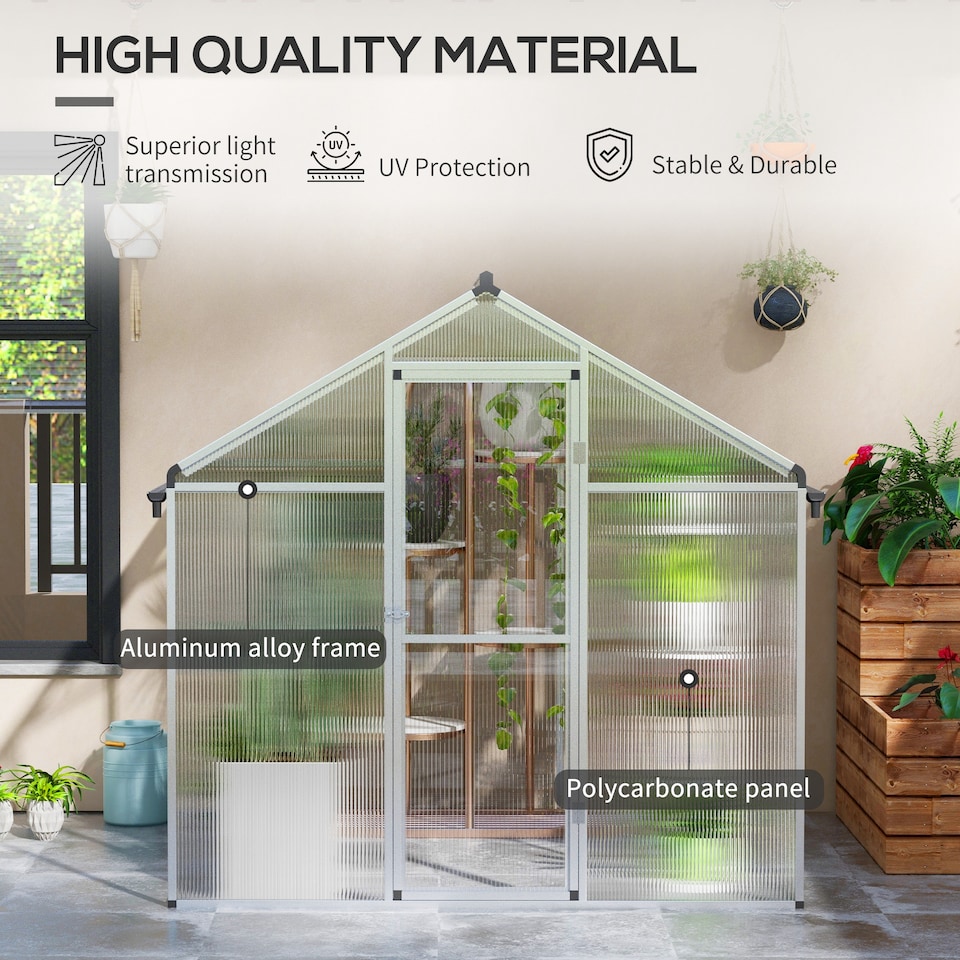 image 1 of Outsunny 6x6ft Aluminium Greenhouse with/ Door Window Galvanised Base PC Panel | Clear