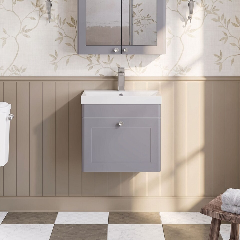 image 1 of Balterley Swynnerton Traditional 1 Drawer Wall Hung Vanity Unit with Thin Edge Basin, Satin Grey, 500mm