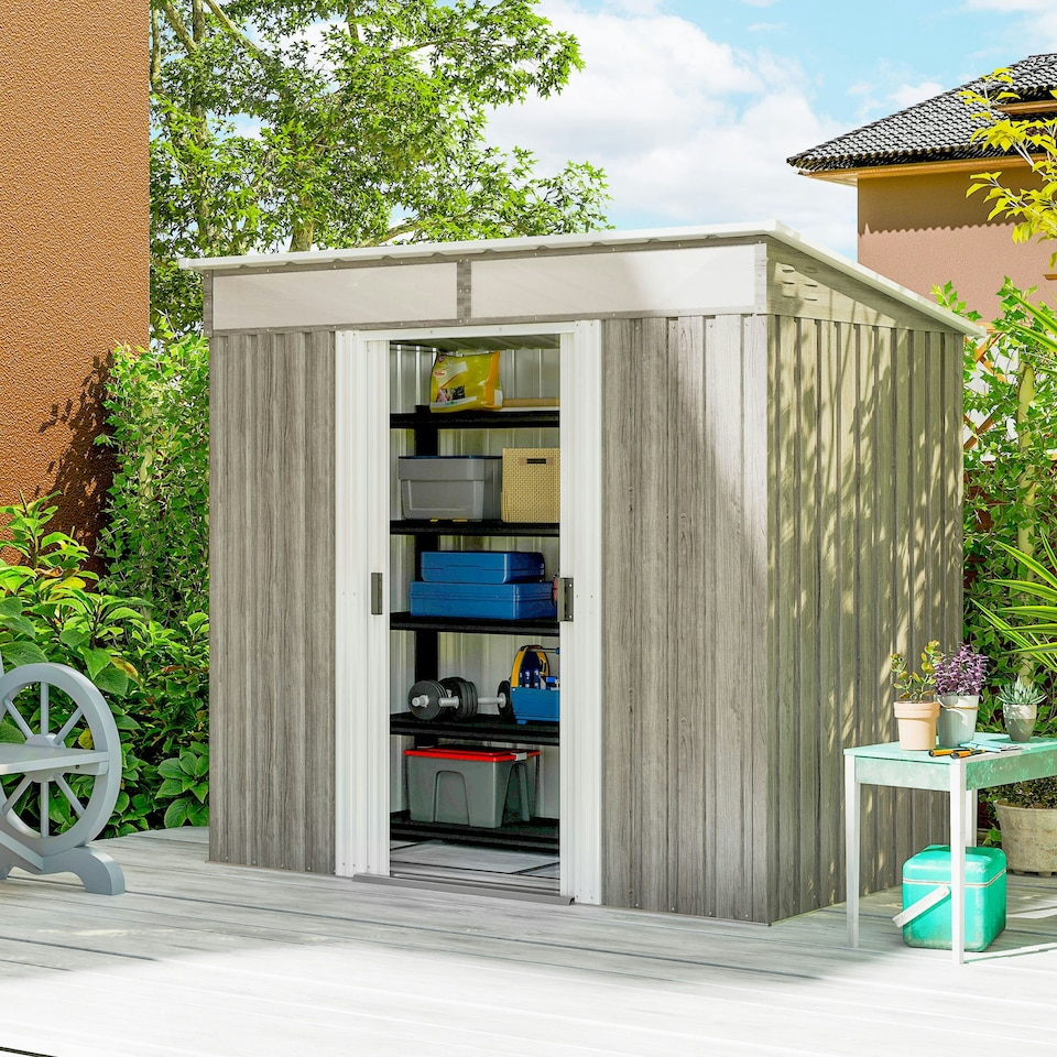 image 1 of Outsunny 6.5x4FT Garden Shed Lockable Metal Tool Shed Light Grey Wood Effect 