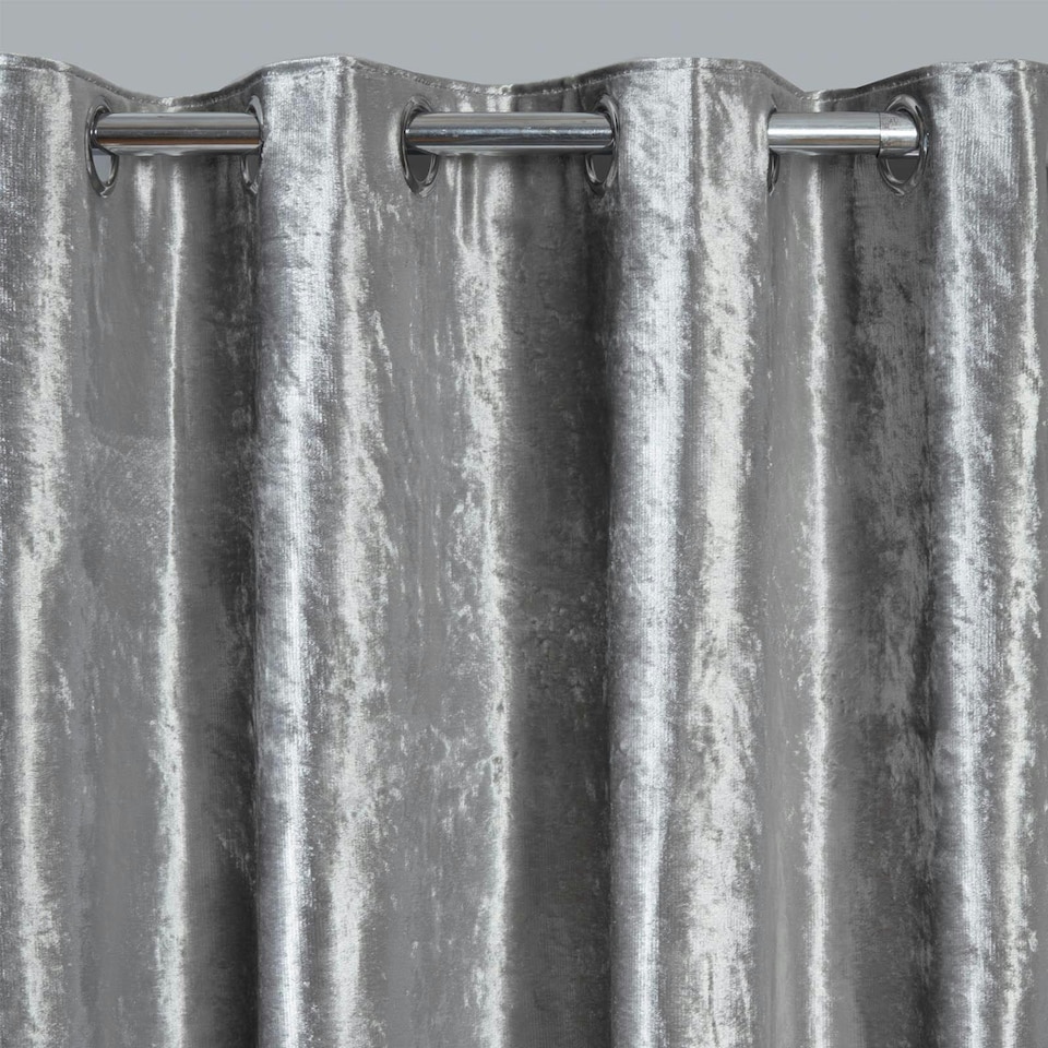image 1 of OHS Luxury Soft Crushed Velvet Lined Eyelet Curtains, 46x54" - Silver