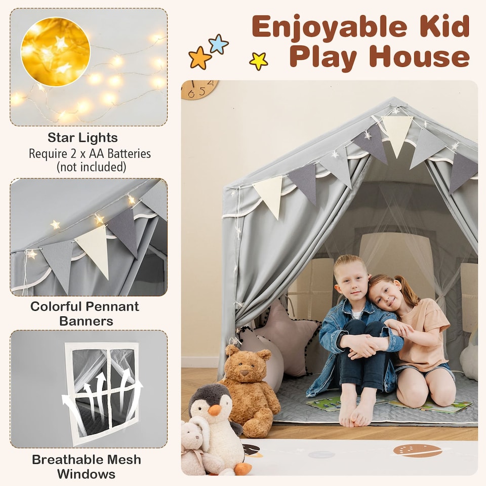 image 1 of COSTWAY Kids Play Tent 3-4 Kids Large Play Tent House w/2 Opening Doors-Grey