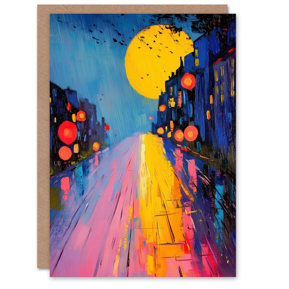 image 1 of Full Moon Night City Street Colourful Abstract Birthday Greeting Card