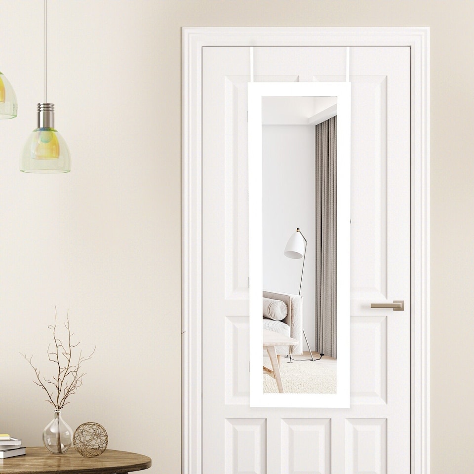 image 1 of COSTWAY Wall-mounted Jewelry Storage Cabinet Door Hanging Jewelry Armoire White