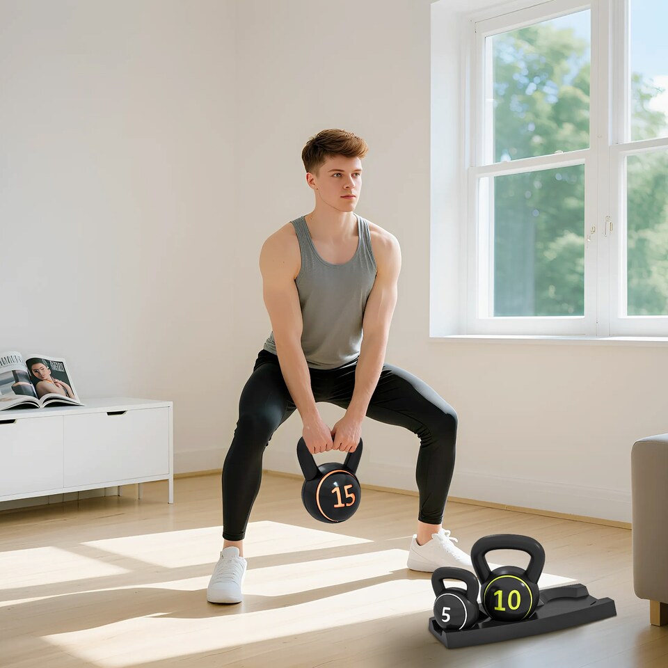 image 1 of SPORTNOW Set of Three Kettlebell Weights with Storage Tray, 2.2kg, 4.5kg, 6.8kg