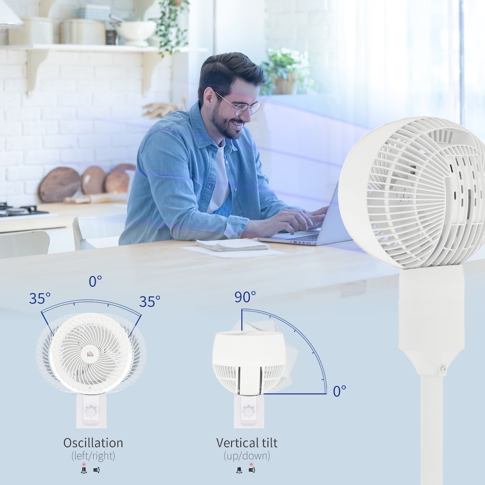 image 1 of HOMCOM 9 Pedestal Fan, 70 Oscillation 90 Vertical Tilt Oscillating Air Circulator with 3 Speeds, Standing Fan for Home Office, Bedroom, White
